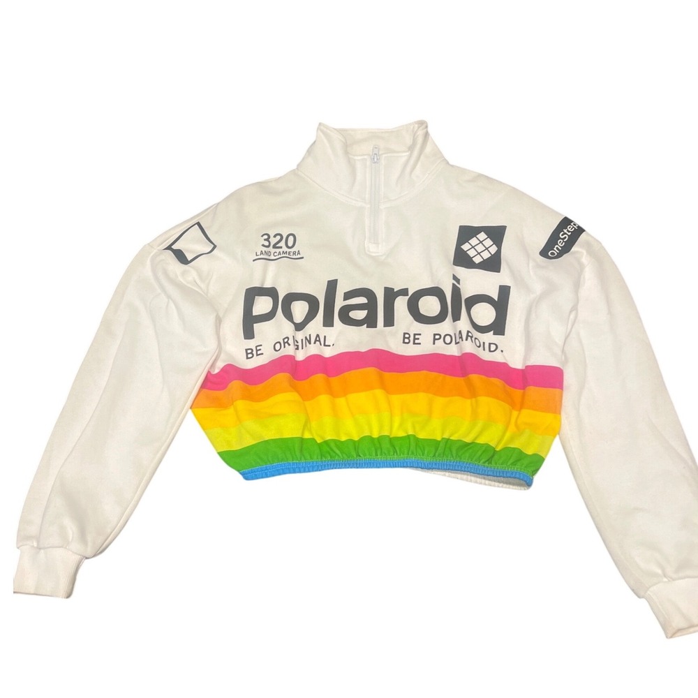Polaroid Rainbow Cropped Quarter Zip Sweatshirt White 320 Camera Retro Small - Picture 1 of 6